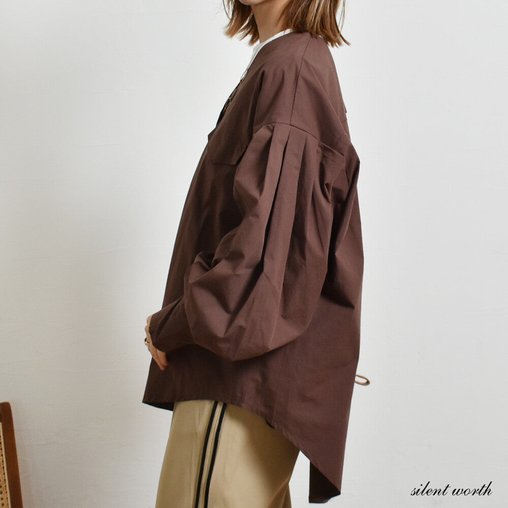 ビッグ 前開き Vネック シャツ ジャケット 長袖 無地 タック袖 秋物 SILENT WORTH 11539842