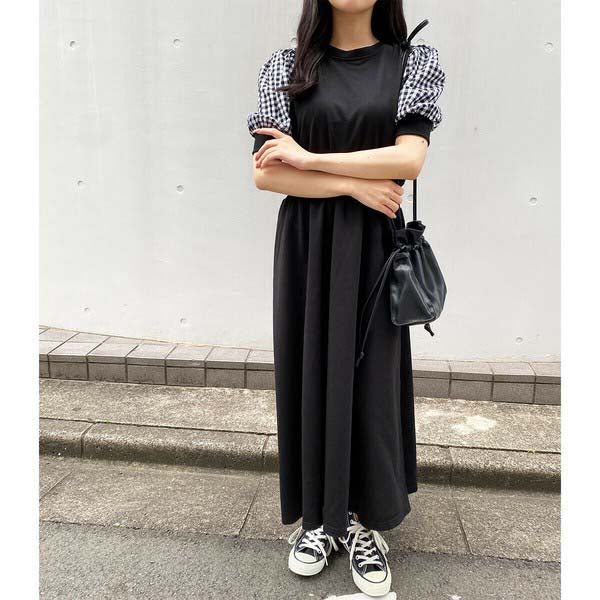 【200191|M〜L対応】ギンガム袖×裏毛ドッキングワンピース|1枚で完成・春秋スウェットロングワンピ