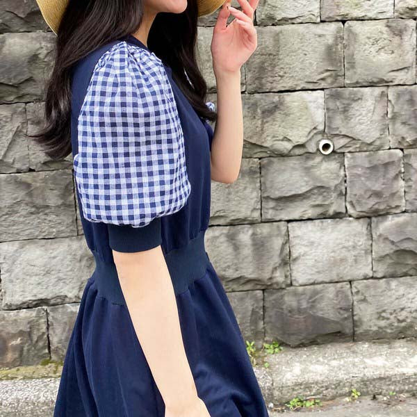 【200191|M〜L対応】ギンガム袖×裏毛ドッキングワンピース|1枚で完成・春秋スウェットロングワンピ