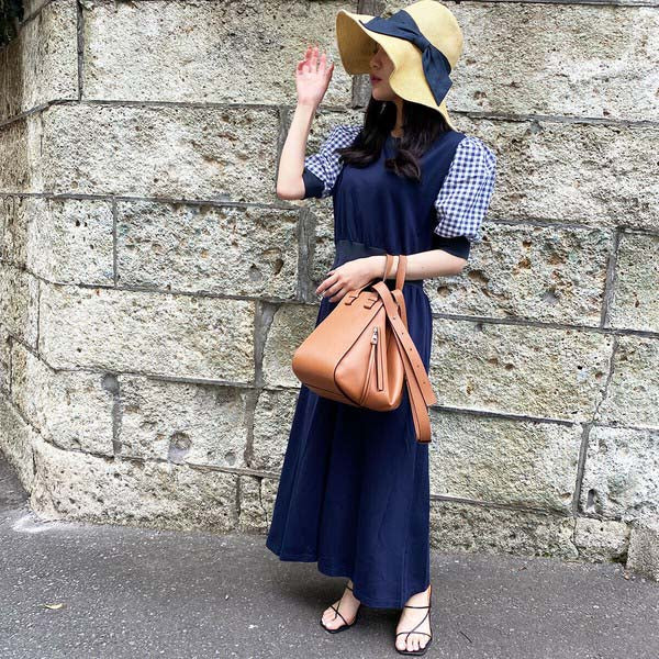 【200191|M〜L対応】ギンガム袖×裏毛ドッキングワンピース|1枚で完成・春秋スウェットロングワンピ