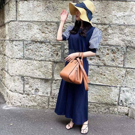 【200191|M〜L対応】ギンガム袖×裏毛ドッキングワンピース|1枚で完成・春秋スウェットロングワンピ