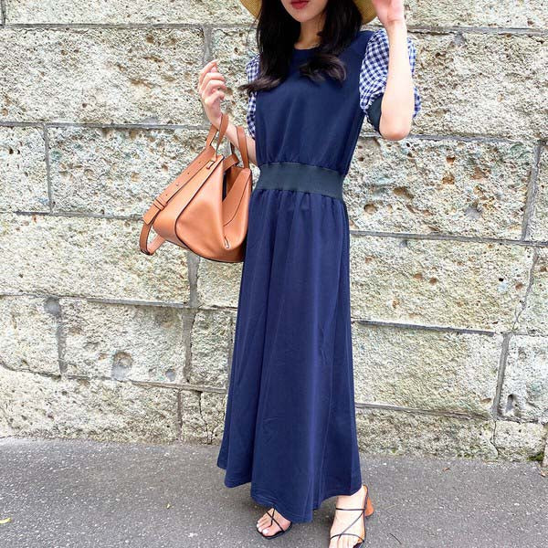 【200191|M〜L対応】ギンガム袖×裏毛ドッキングワンピース|1枚で完成・春秋スウェットロングワンピ