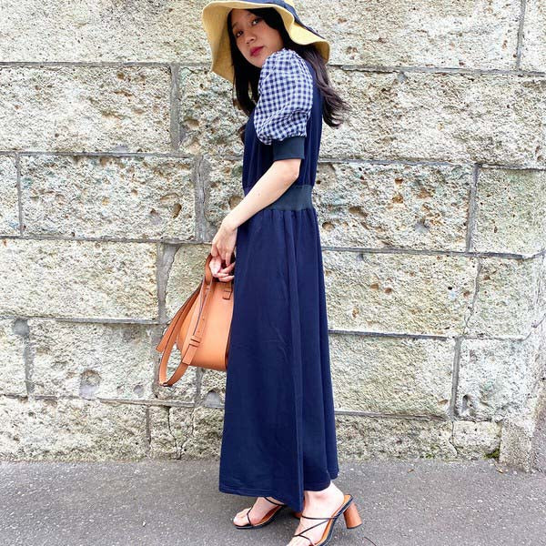 【200191|M〜L対応】ギンガム袖×裏毛ドッキングワンピース|1枚で完成・春秋スウェットロングワンピ