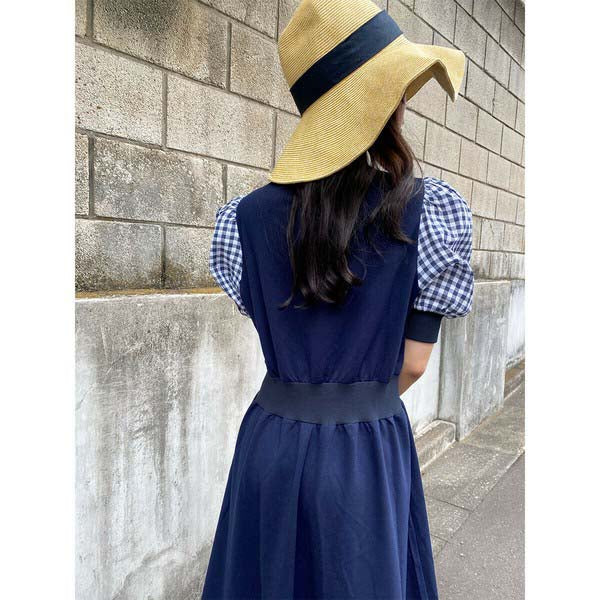 【200191|M〜L対応】ギンガム袖×裏毛ドッキングワンピース|1枚で完成・春秋スウェットロングワンピ