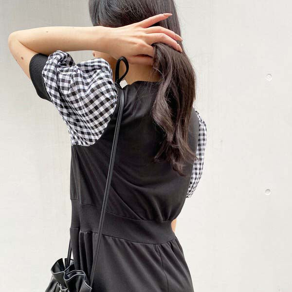 【200191|M〜L対応】ギンガム袖×裏毛ドッキングワンピース|1枚で完成・春秋スウェットロングワンピ