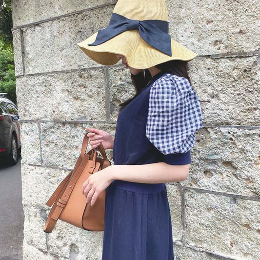 【200191|M〜L対応】ギンガム袖×裏毛ドッキングワンピース|1枚で完成・春秋スウェットロングワンピ