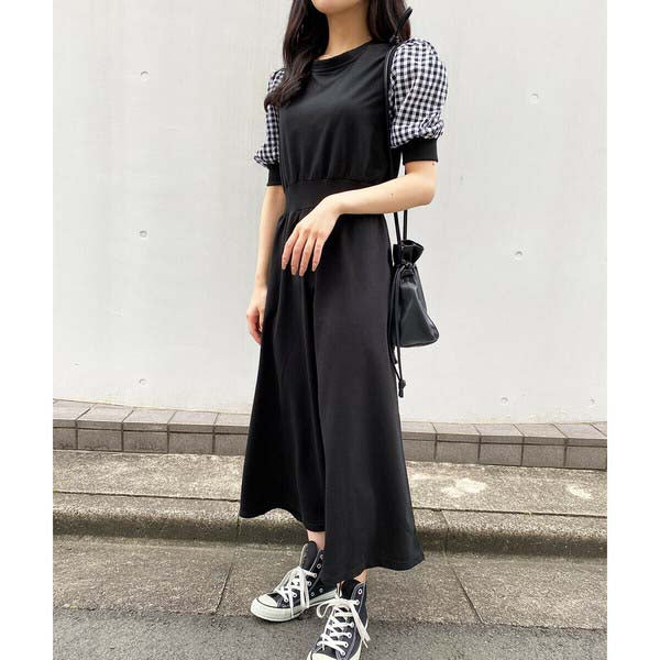 【200191|M〜L対応】ギンガム袖×裏毛ドッキングワンピース|1枚で完成・春秋スウェットロングワンピ