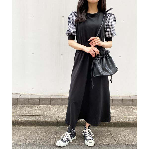 【200191|M〜L対応】ギンガム袖×裏毛ドッキングワンピース|1枚で完成・春秋スウェットロングワンピ