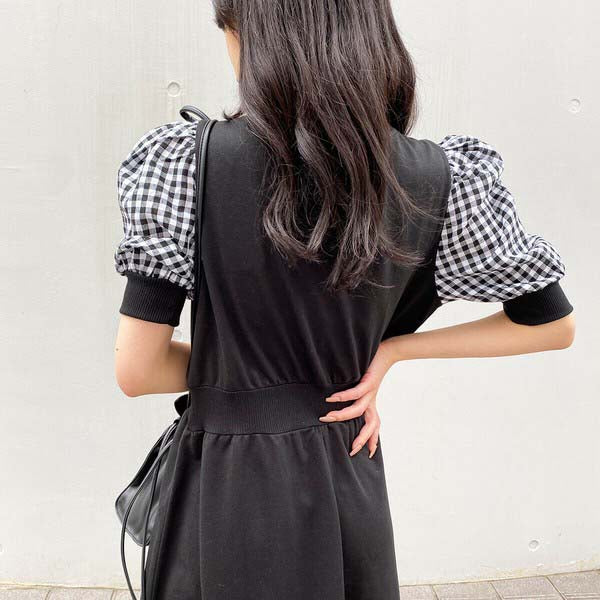 【200191|M〜L対応】ギンガム袖×裏毛ドッキングワンピース|1枚で完成・春秋スウェットロングワンピ