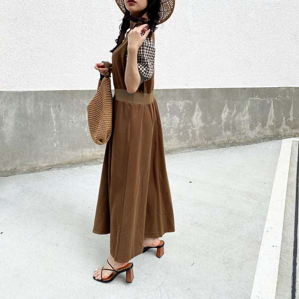 【200191|M〜L対応】ギンガム袖×裏毛ドッキングワンピース|1枚で完成・春秋スウェットロングワンピ