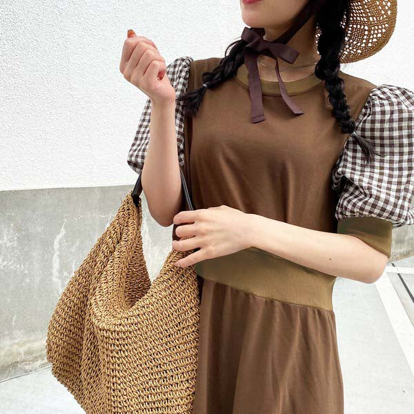 【200191|M〜L対応】ギンガム袖×裏毛ドッキングワンピース|1枚で完成・春秋スウェットロングワンピ