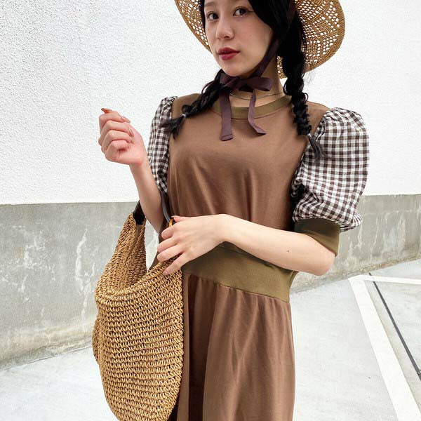 【200191|M〜L対応】ギンガム袖×裏毛ドッキングワンピース|1枚で完成・春秋スウェットロングワンピ