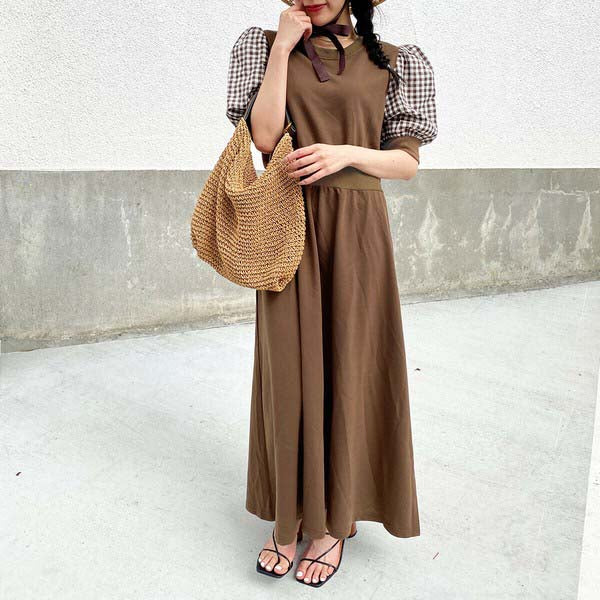 【200191|M〜L対応】ギンガム袖×裏毛ドッキングワンピース|1枚で完成・春秋スウェットロングワンピ