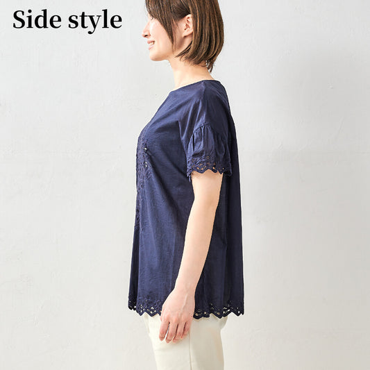 ブラウス M コットン 刺繍 涼しい レディース トップス 綿 半袖 バリ刺繍 チュニック オシャレ/ネイビー 紺