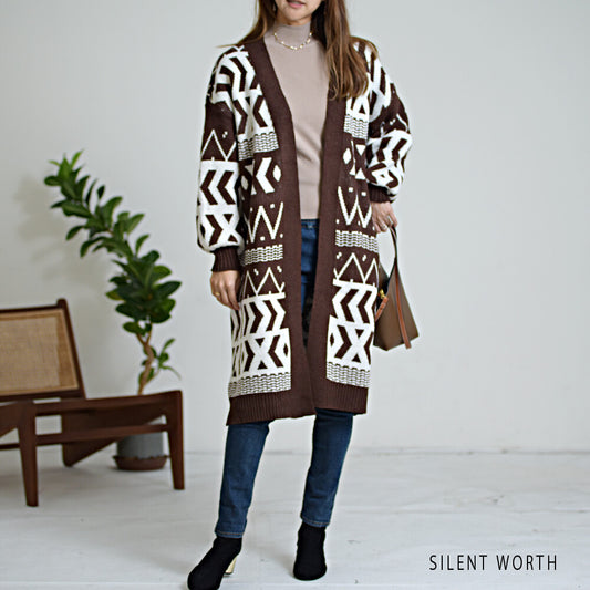 【SALE】【M】エスニック柄ロングニットカーディガン|SILENT WORTH