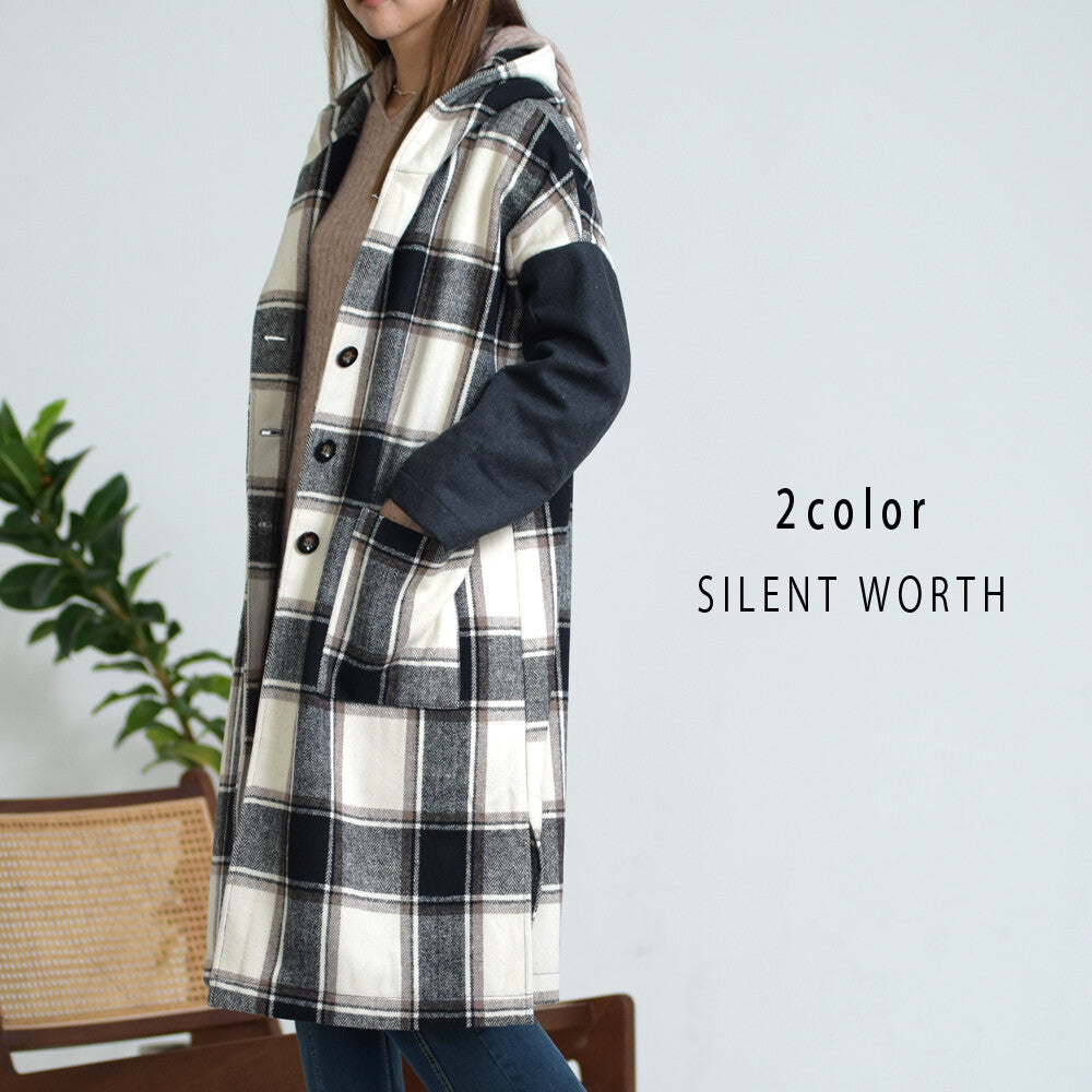 【SALE】【M】起毛チェック柄フードロングコート|SILENT WORTH
