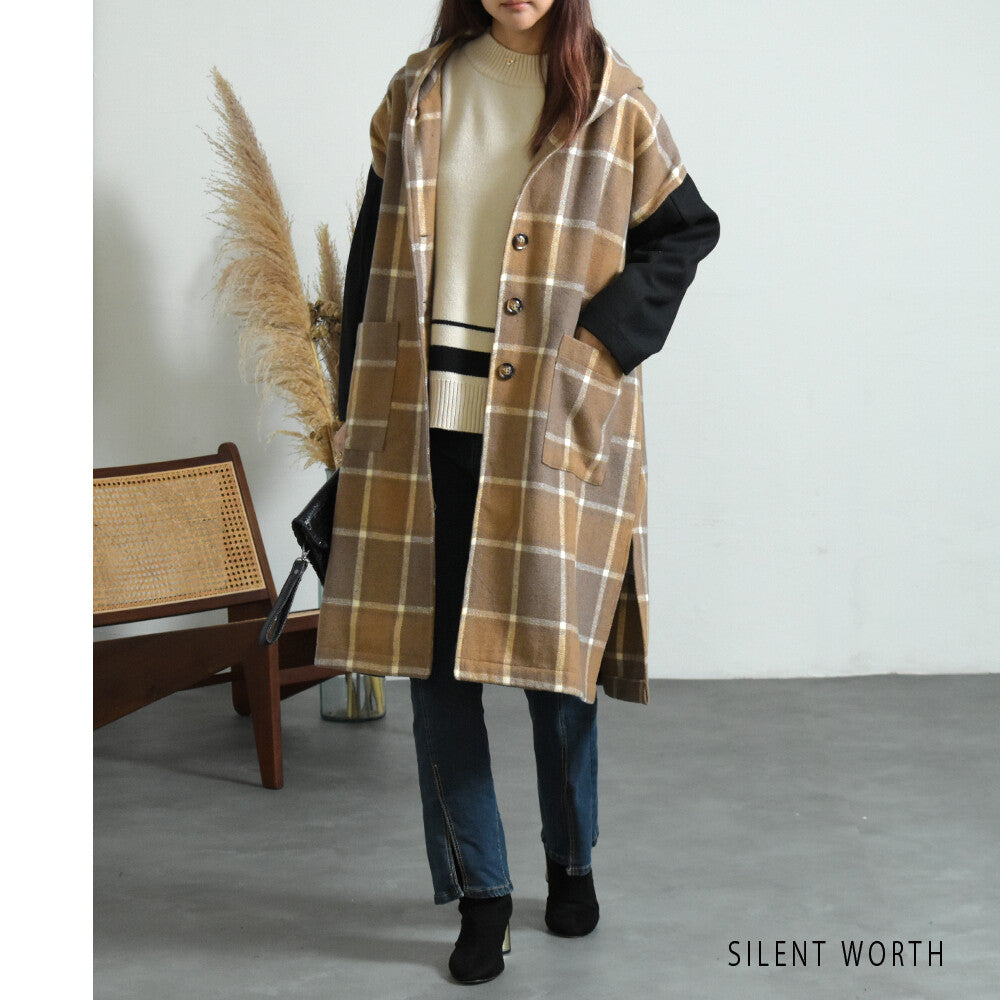 【M】起毛チェック柄フードロングコート|大判配色・サイドスリット・SILENT WORTH 11784703