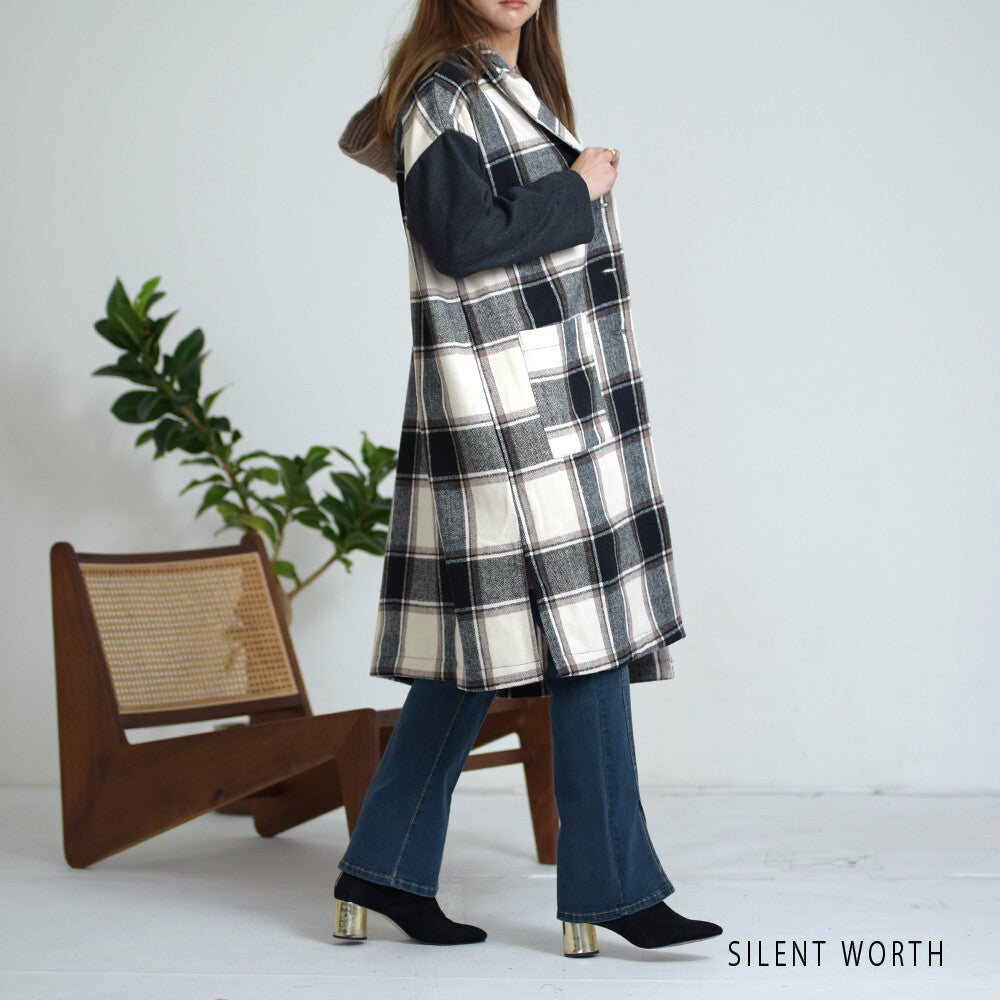 【M】起毛チェック柄フードロングコート|大判配色・サイドスリット・SILENT WORTH 11784703