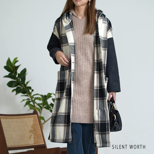 【M】起毛チェック柄フードロングコート|大判配色・サイドスリット・SILENT WORTH 11784703