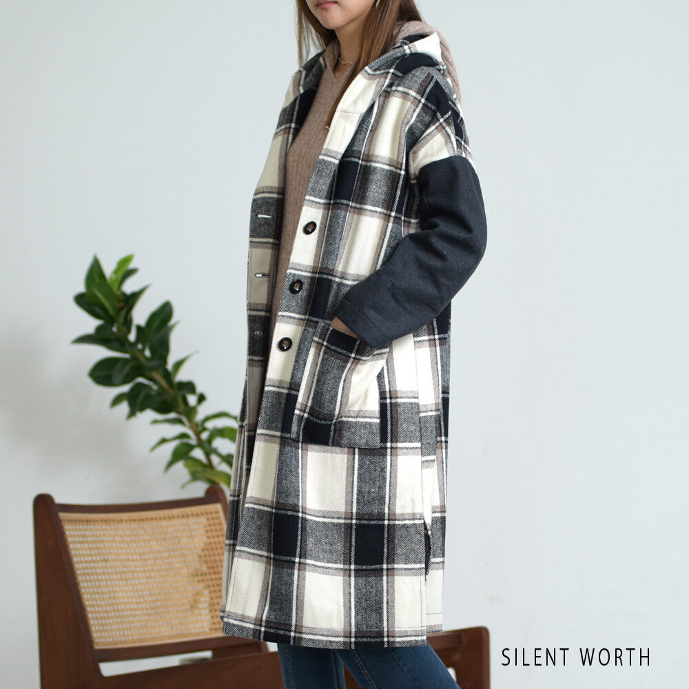 【M】起毛チェック柄フードロングコート|大判配色・サイドスリット・SILENT WORTH 11784703