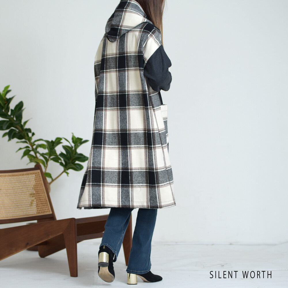 【M】起毛チェック柄フードロングコート|大判配色・サイドスリット・SILENT WORTH 11784703