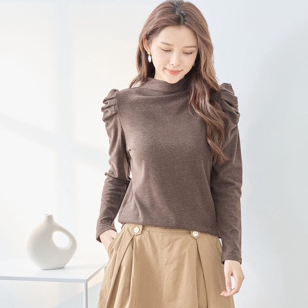 【M〜L】ボトルネック カットソー 肩ギャザー トップス (C31-1478)