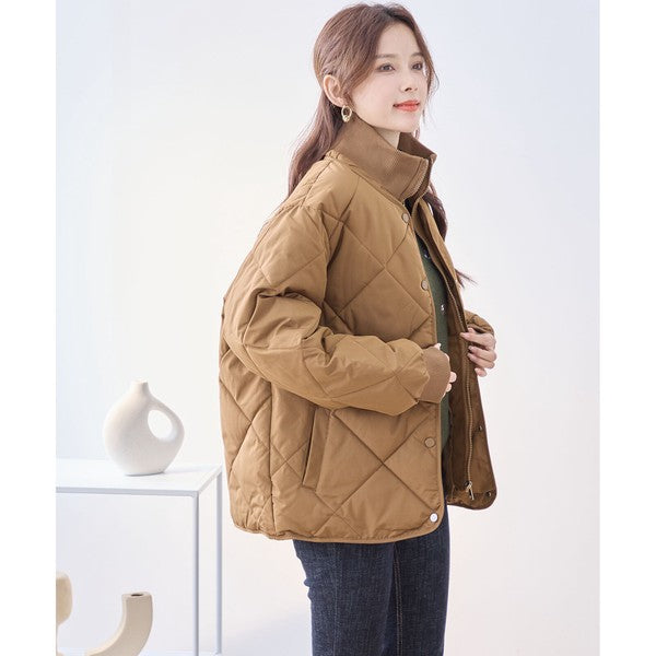 【M〜L】ハイカラー キルティング ジャケット コート(C32-462)