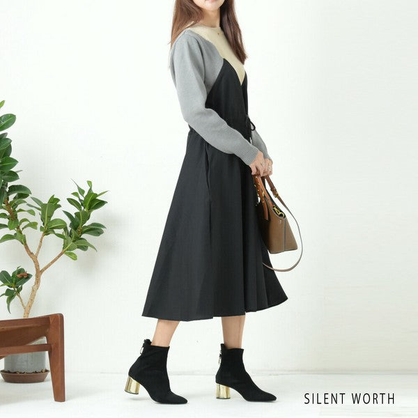 【M】ニット異素材切替ブロッキングワンピース|立体シルエット・体型カバー・SILENT WORTH N-2569