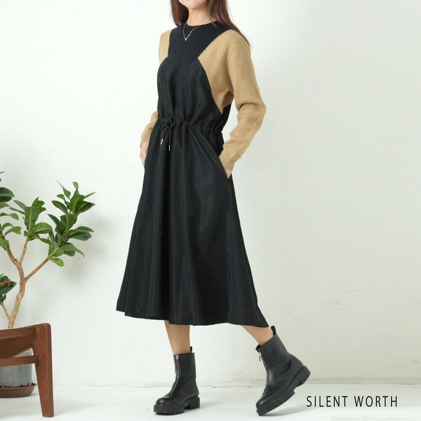 【M】ニット異素材切替ブロッキングワンピース|立体シルエット・体型カバー・SILENT WORTH N-2569