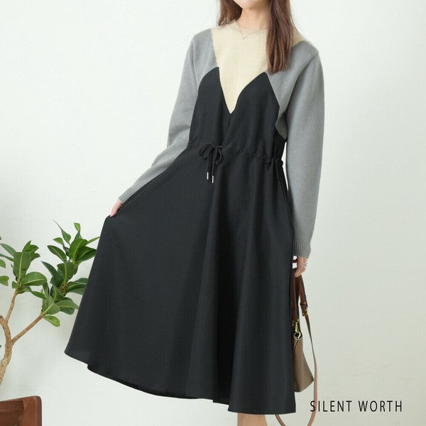 【M】ニット異素材切替ブロッキングワンピース|立体シルエット・体型カバー・SILENT WORTH N-2569