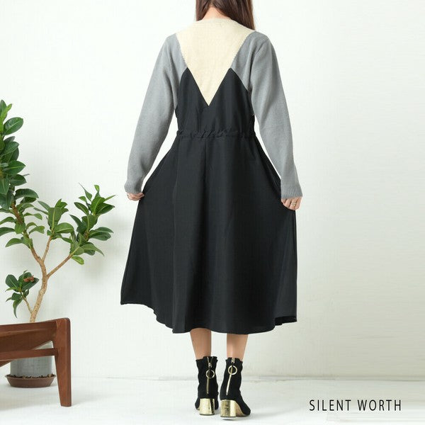 【M】ニット異素材切替ブロッキングワンピース|立体シルエット・体型カバー・SILENT WORTH N-2569