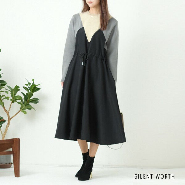 【M】ニット異素材切替ブロッキングワンピース|立体シルエット・体型カバー・SILENT WORTH N-2569