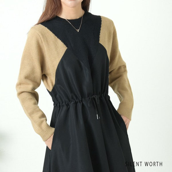 【M】ニット異素材切替ブロッキングワンピース|立体シルエット・体型カバー・SILENT WORTH N-2569