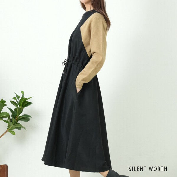 【M】ニット異素材切替ブロッキングワンピース|立体シルエット・体型カバー・SILENT WORTH N-2569