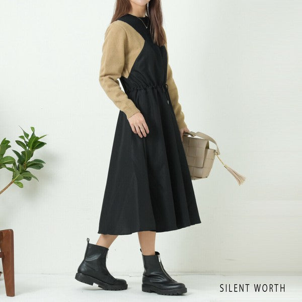 【M】ニット異素材切替ブロッキングワンピース|立体シルエット・体型カバー・SILENT WORTH N-2569