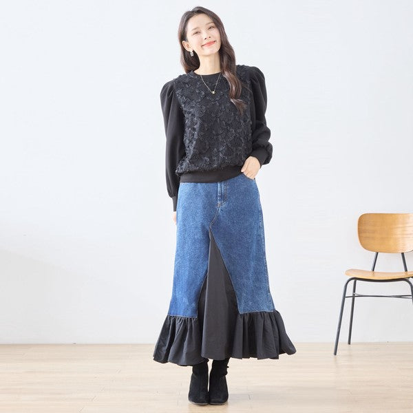 【M〜L】異素材切り替えデニムロングスカート|裾フレア・マーメイドライン・11903851