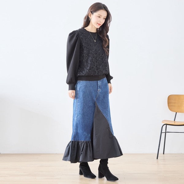 【M〜L】異素材切り替えデニムロングスカート|裾フレア・マーメイドライン・11903851