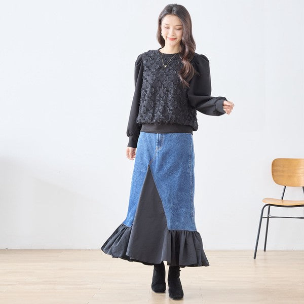 【M〜L】異素材切り替えデニムロングスカート|裾フレア・マーメイドライン・11903851