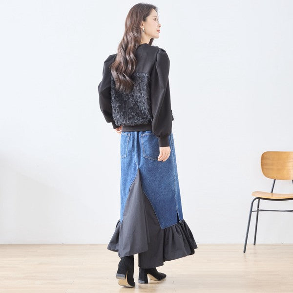 【M〜L】異素材切り替えデニムロングスカート|裾フレア・マーメイドライン・11903851