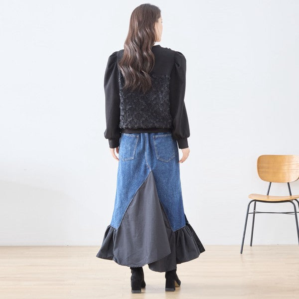 【M〜L】異素材切り替えデニムロングスカート|裾フレア・マーメイドライン・11903851