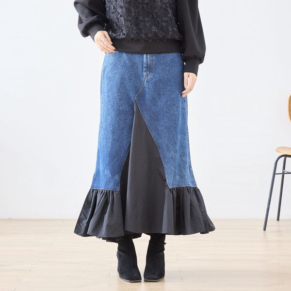 【M〜L】異素材切り替えデニムロングスカート|裾フレア・マーメイドライン・11903851