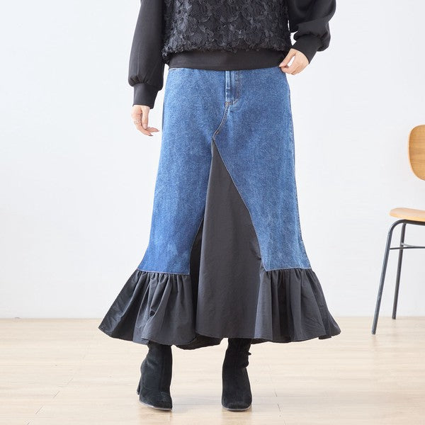 【M〜L】異素材切り替えデニムロングスカート|裾フレア・マーメイドライン・11903851