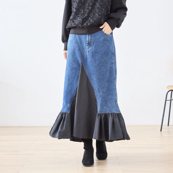 【M〜L】異素材切り替えデニムロングスカート|裾フレア・マーメイドライン・11903851