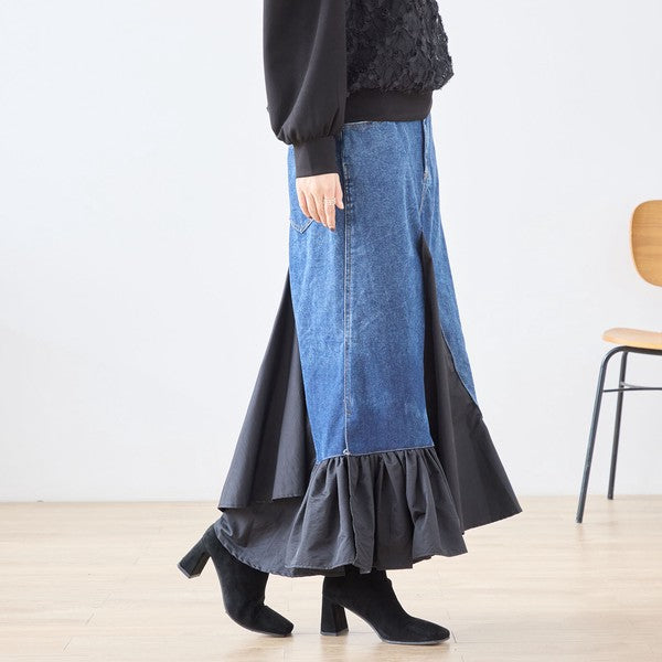 【M〜L】異素材切り替えデニムロングスカート|裾フレア・マーメイドライン・11903851