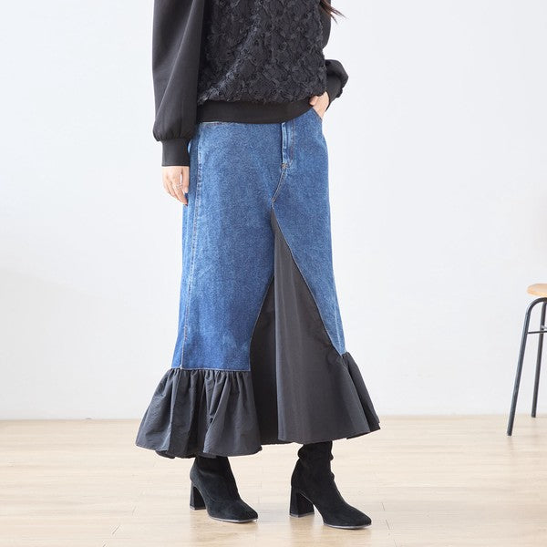 【M〜L】異素材切り替えデニムロングスカート|裾フレア・マーメイドライン・11903851