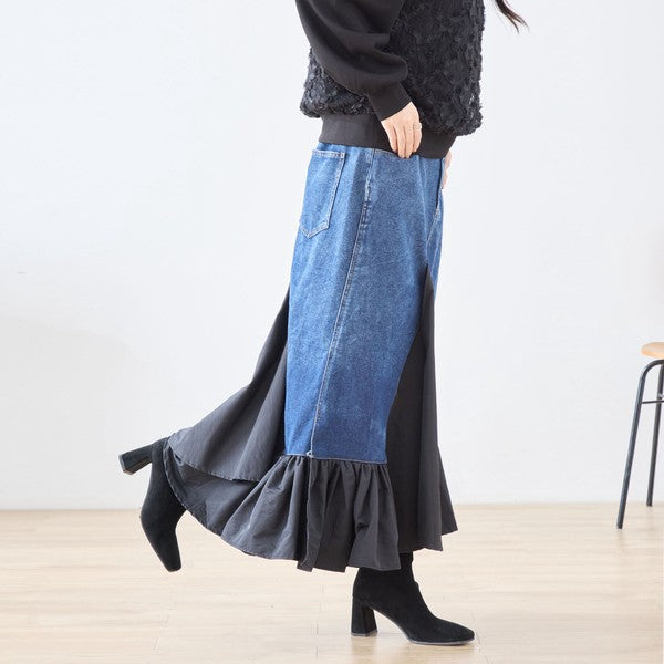 【M〜L】異素材切り替えデニムロングスカート|裾フレア・マーメイドライン・11903851