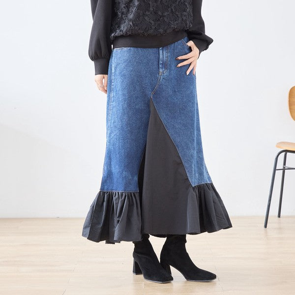 【M〜L】異素材切り替えデニムロングスカート|裾フレア・マーメイドライン・11903851