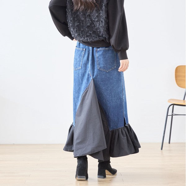 【M〜L】異素材切り替えデニムロングスカート|裾フレア・マーメイドライン・11903851
