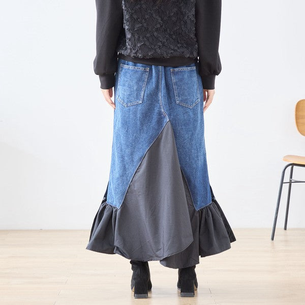 【M〜L】異素材切り替えデニムロングスカート|裾フレア・マーメイドライン・11903851
