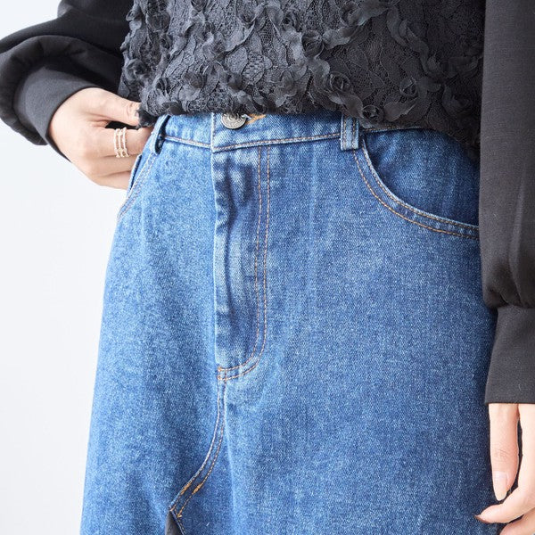【M〜L】異素材切り替えデニムロングスカート|裾フレア・マーメイドライン・11903851